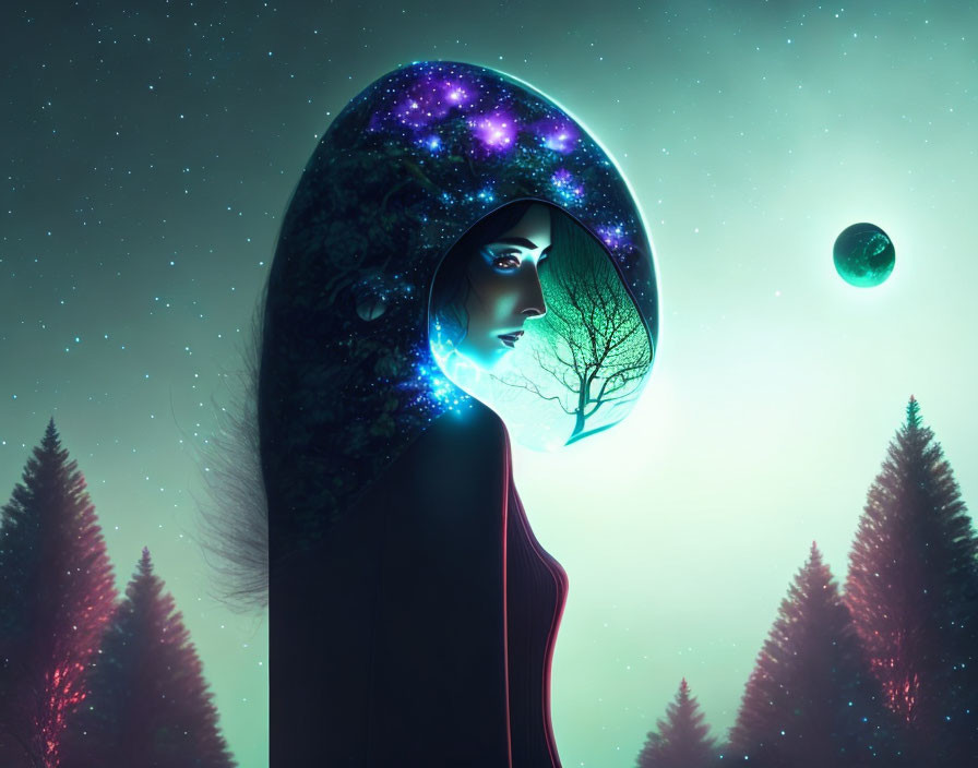 Surreal illustration: Woman with star-filled headspace merging with tree against night sky.