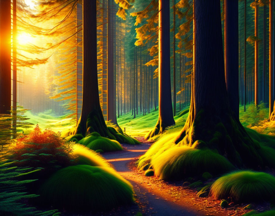 Vibrant sunset light in dense forest on winding path