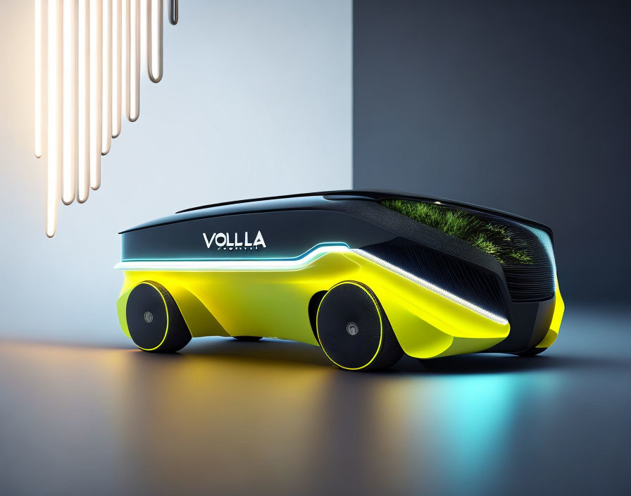 Sleek Black and Neon Yellow Autonomous Vehicle with Glass Roof and Greenery