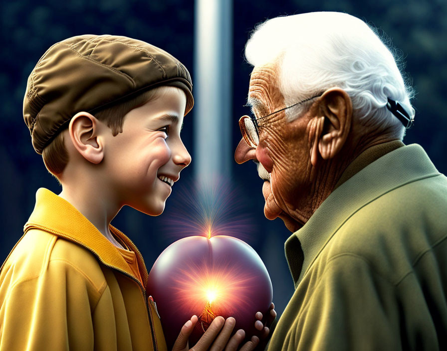 Young boy and elderly man share magical moment with glowing orb