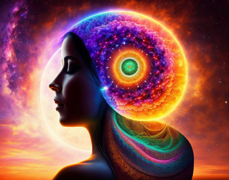 Vibrant cosmic digital artwork of a woman in profile with fractal elements