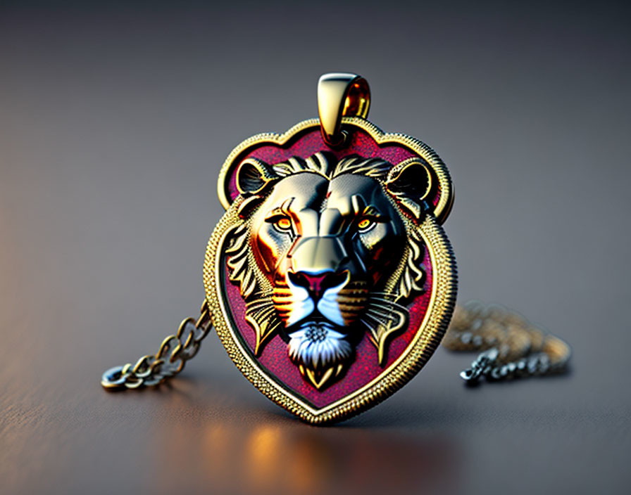 Heart-shaped lion face pendant with gold edges on chain against blurred background