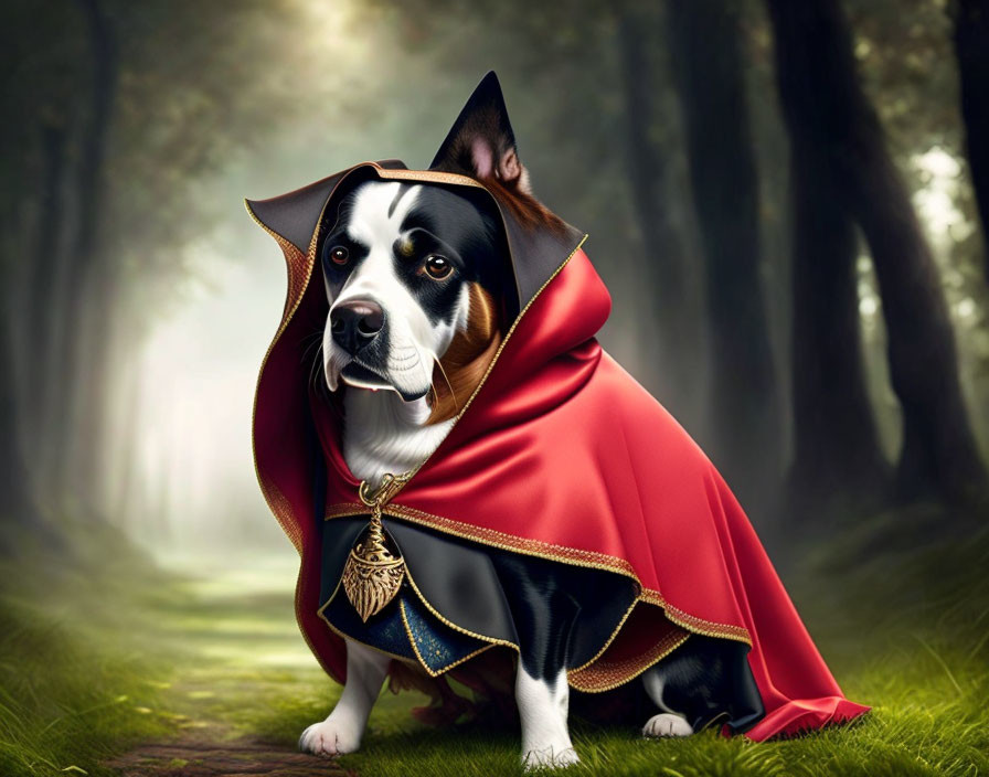 Regal dog in red cape on forest path