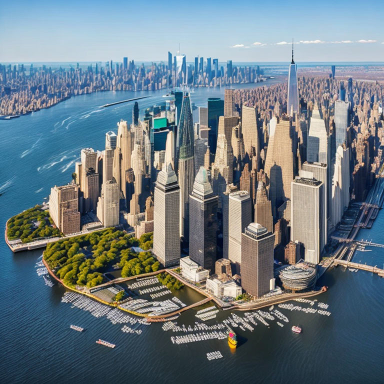 Manhattan skyline with Central Park and Hudson River boats