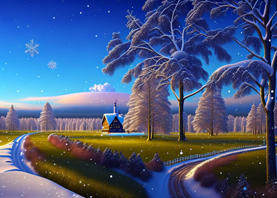 Snow-covered trees, small house, pathway in twilight winter scene