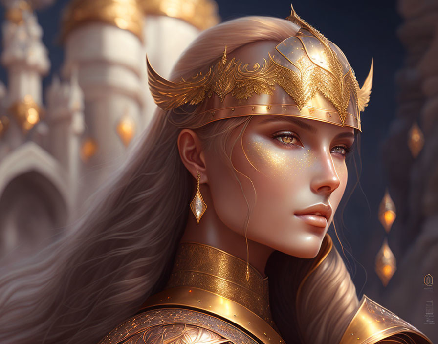 Digital artwork of woman in golden armor with winged helmet & fantasy castle backdrop