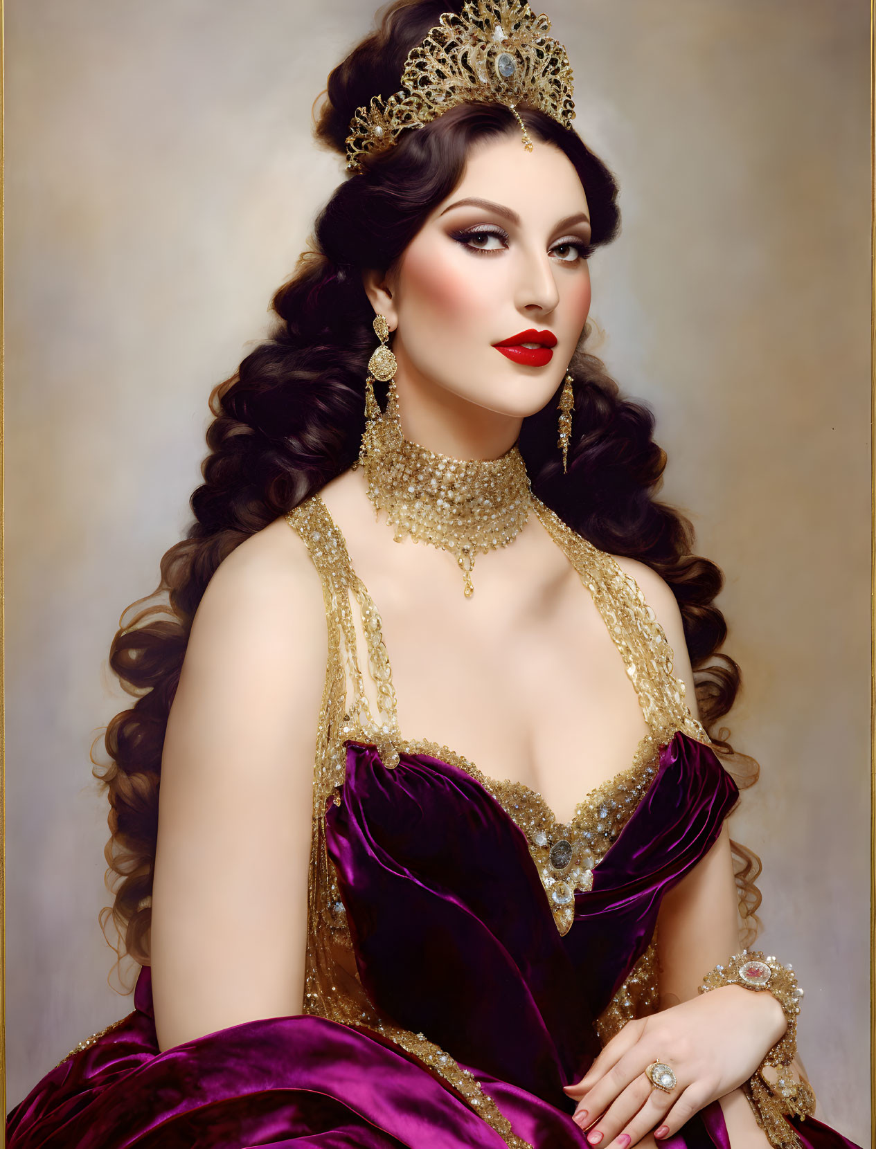 Woman in Royal Purple Gown and Golden Accessories