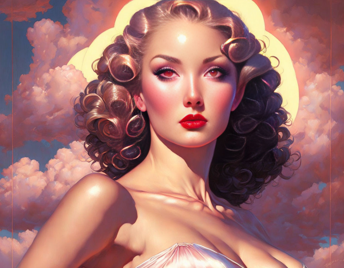 Digital artwork featuring woman with voluminous curls and red lipstick under glowing aura against cloudy sky.