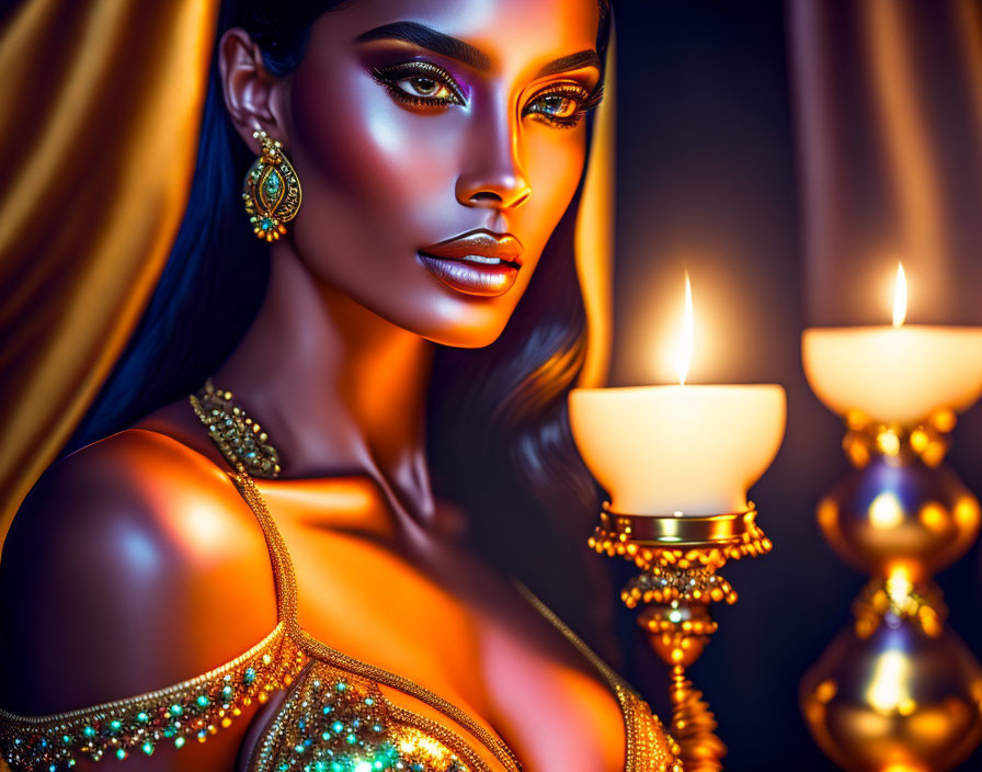 Illustrated woman in golden jewelry near lit candles