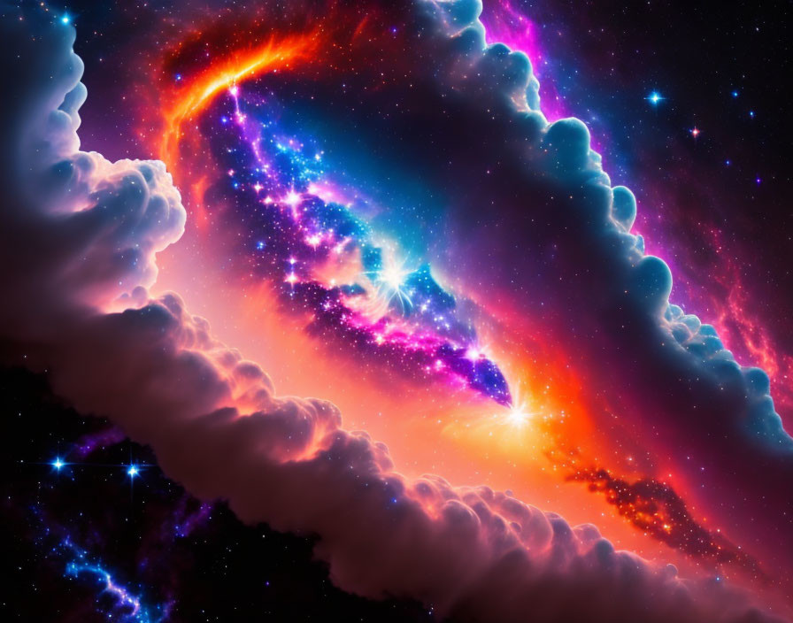 Colorful Cosmic Scene with Fiery Nebulae and Interstellar Clouds