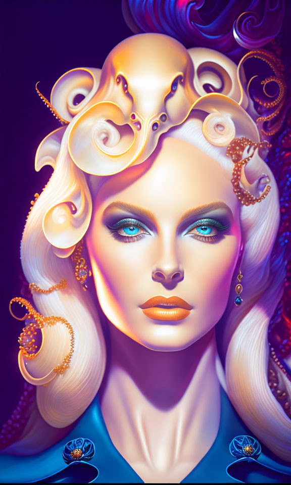 Vibrant digital portrait of woman with stylized hair and bold makeup