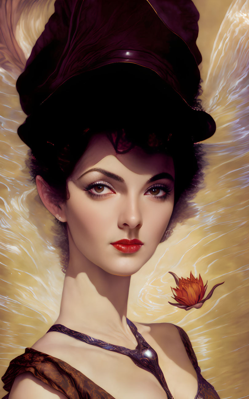 Classic Woman Portrait with Dark Hat and Red Lipstick surrounded by Golden Glow and Flower