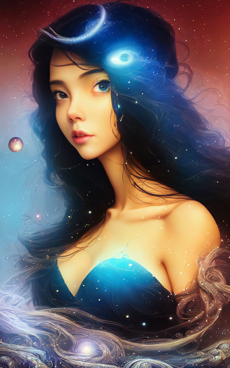 Digital Art Portrait Featuring Woman with Deep Space and Stars in Flowing Blue Hair