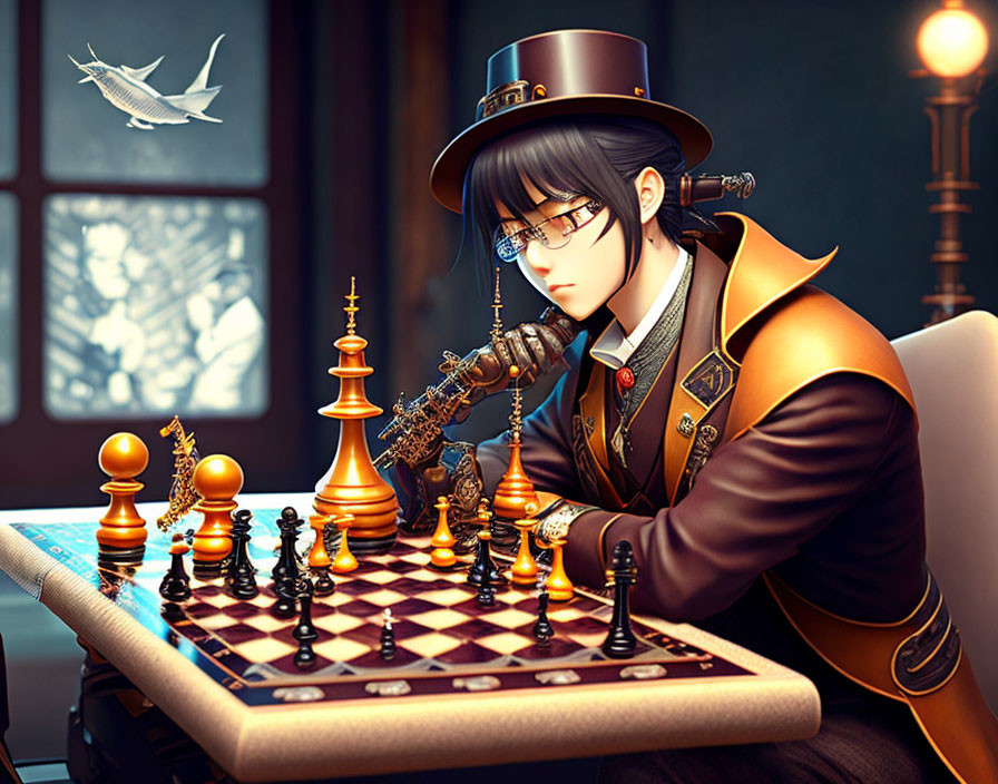 Illustration of person in glasses and top hat pondering chess move with paper crane.