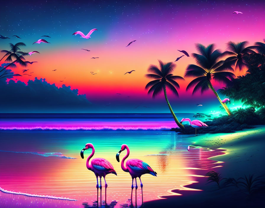 Tropical Beach Scene: Flamingos, Palm Trees, Dusk Sky