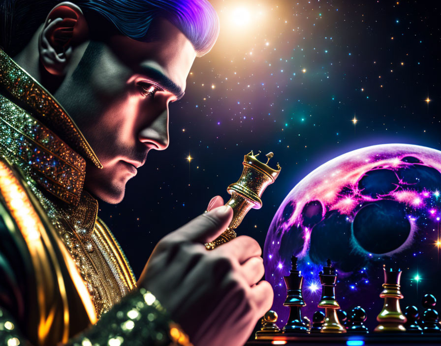 Illustrated man in golden suit holds chess king against cosmic backdrop