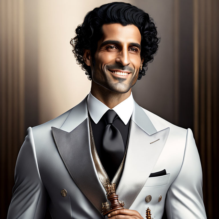 Smiling man in grey tuxedo with curly hair and necklace