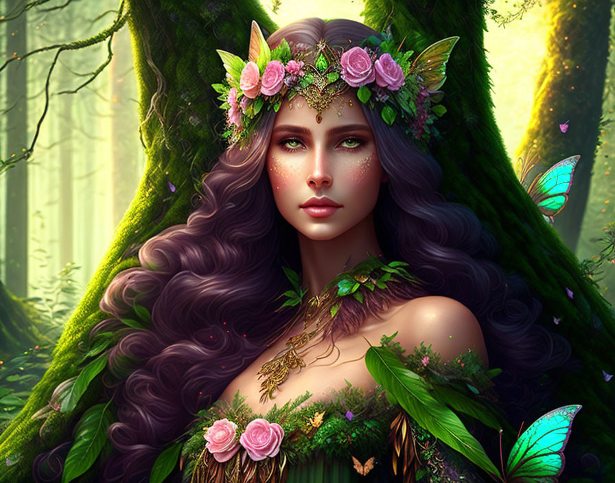 Mystical female figure with floral crown in enchanted forest