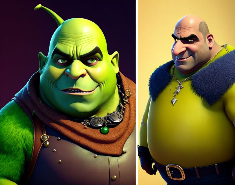 Green ogre in vest next to bald man in black suit with gold chain