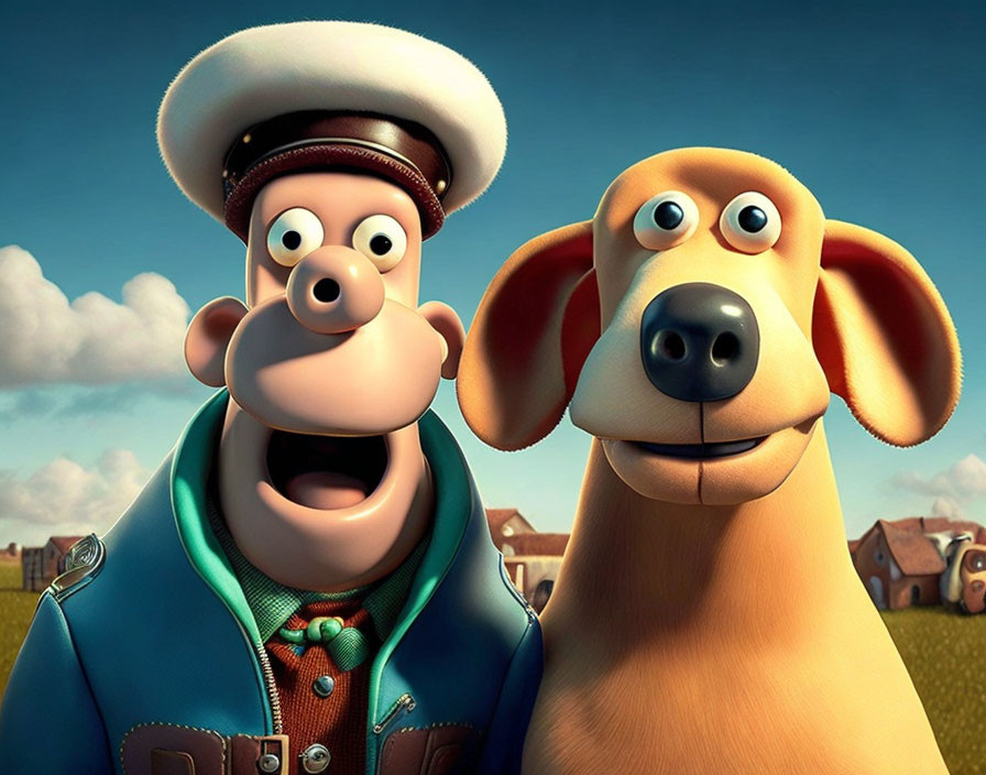 Captain hat man and tan dog in 3D animation smiling in suburban setting