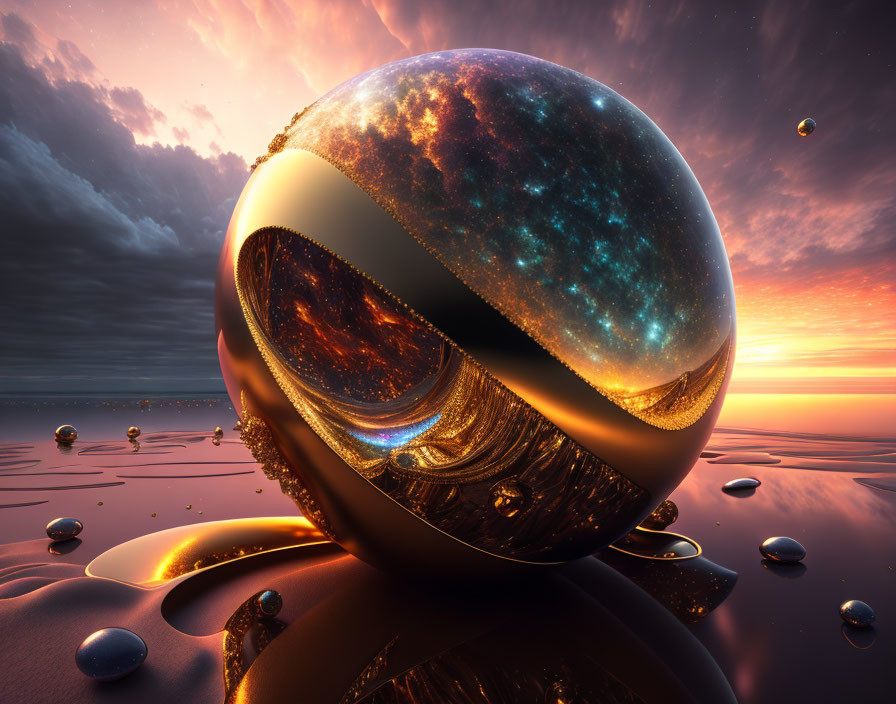 Surreal fantasy landscape with cosmic sphere and galaxies in vivid sunset sky