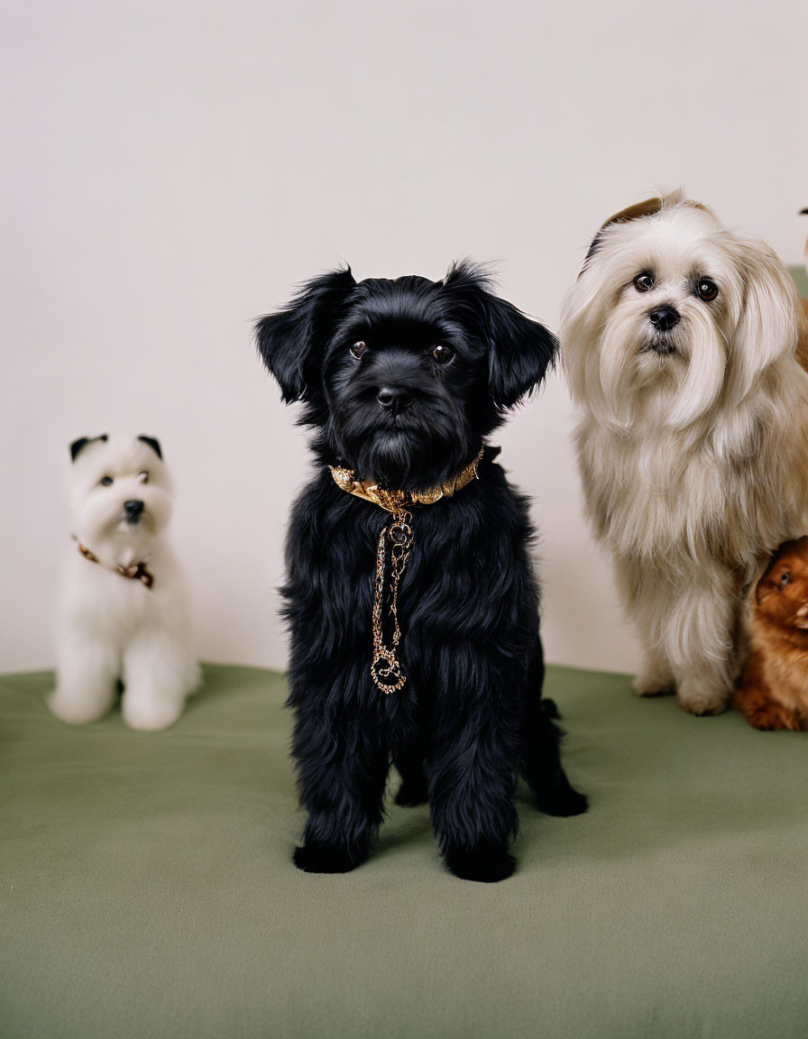 Three dogs posing together with black, white, and beige colors.