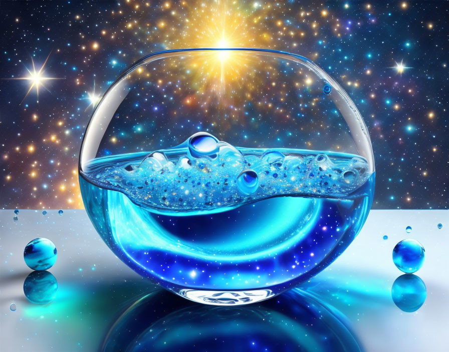 Translucent bowl with blue liquid, bubbles, stars, light, and suspended droplets