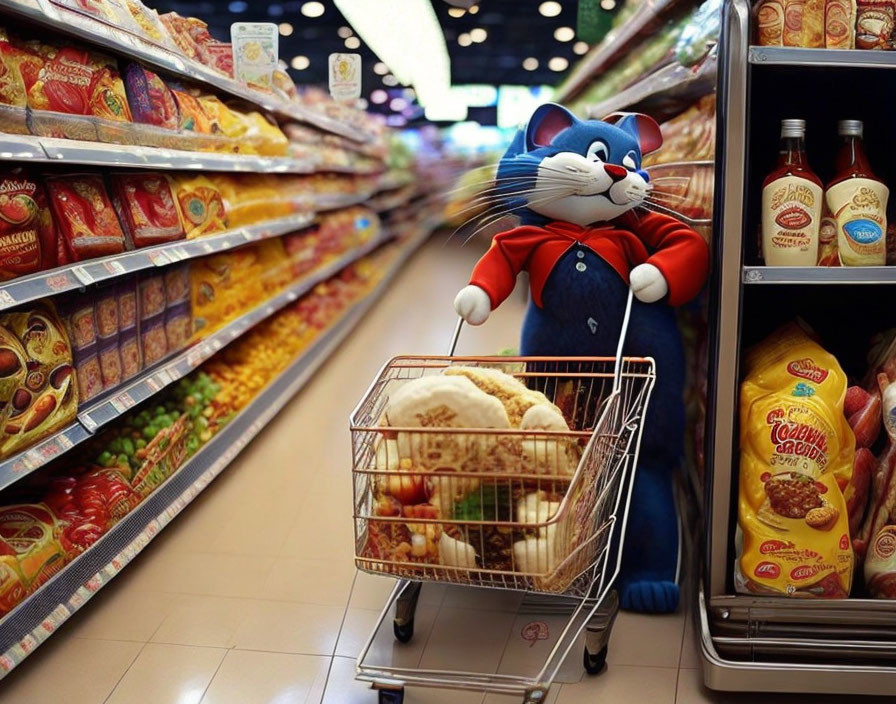 Anthropomorphic blue cat plush toy shopping for groceries