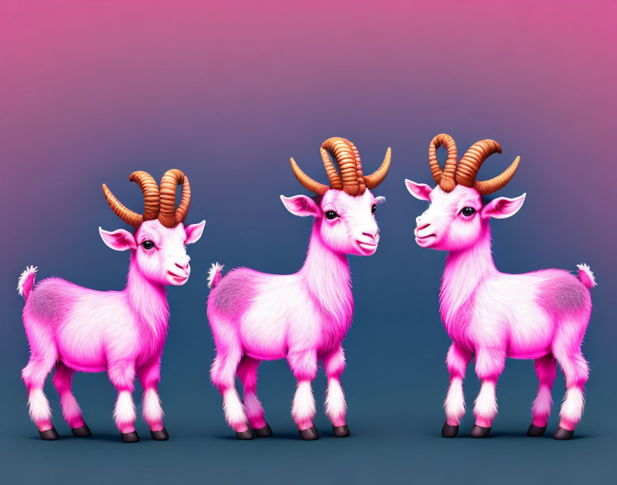 Cartoon goats with horns and pink fur on pink-blue gradient backdrop