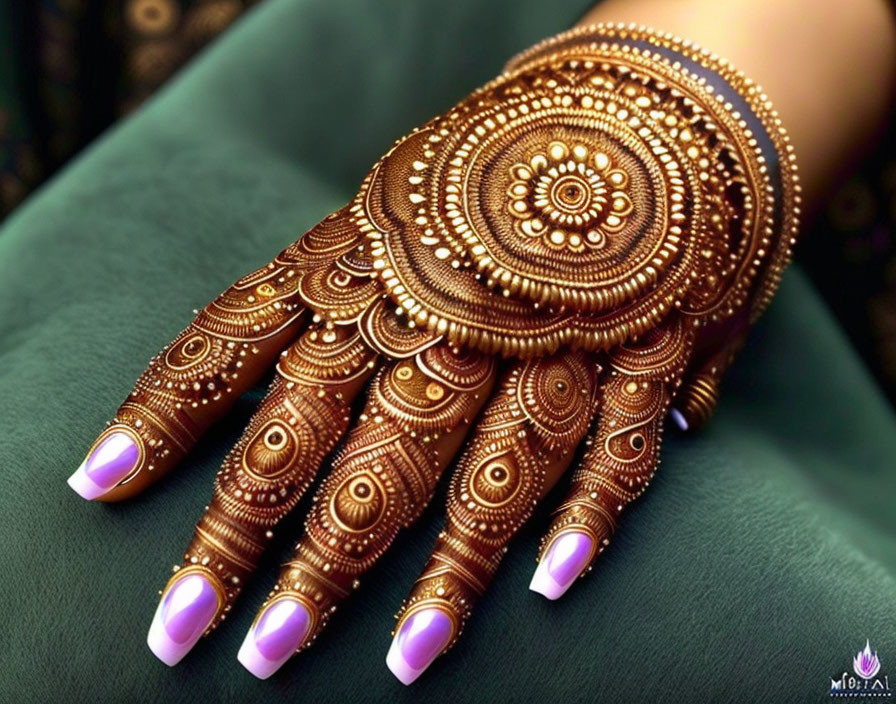 Intricate Brown Henna Designs on Hand with Floral and Circular Patterns