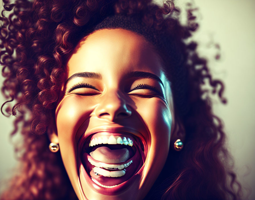 Young woman with curly hair laughing heartily and bright smile.