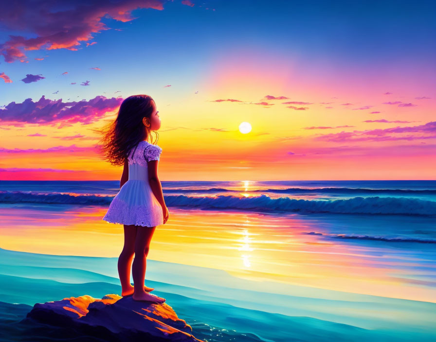 Girl in white dress on rock by sea at sunset with vibrant colors