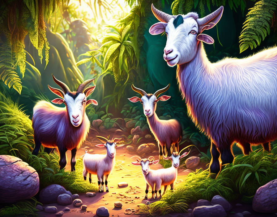 Five cartoon goats in lush forest setting