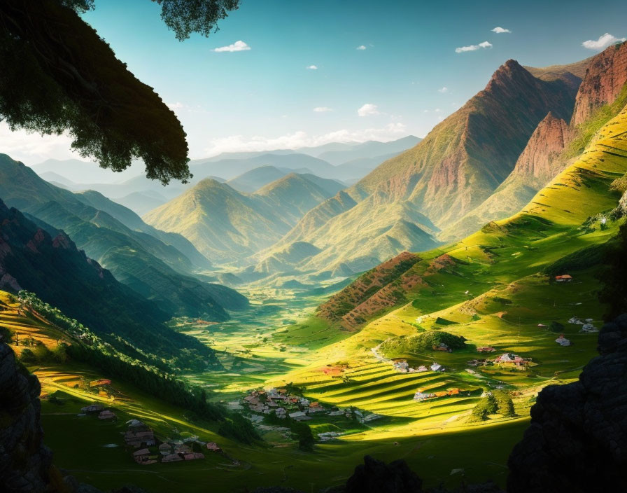 Scenic valley with green hills, houses, and sunlight