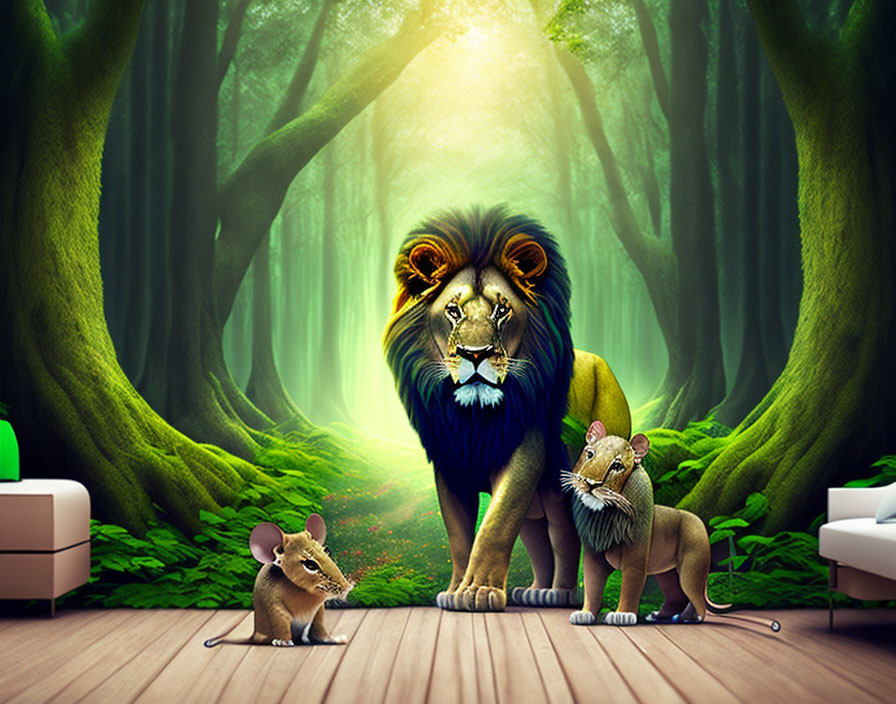 Lion and Cub with Mouse in Surreal Forest Room