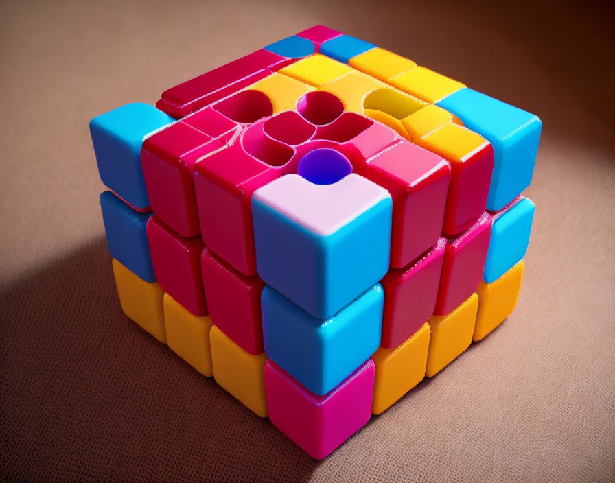 Colorful Partially Solved Rubik's Cube with Unique Pattern and Hollowed Centers on Textured