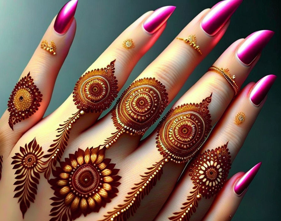 Detailed Henna Design on Hand with Pink to Purple Nails