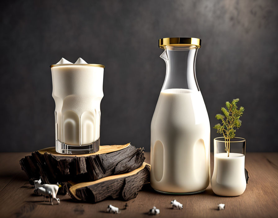 Stylish milk bottle and glass with greenery on wooden surface