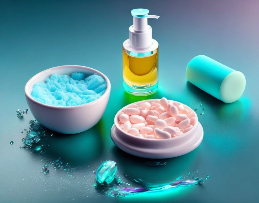 Personal Care Products: Blue Sponge, Pink Soap Petals, Yellow Liquid Soap Dispenser, Blue De