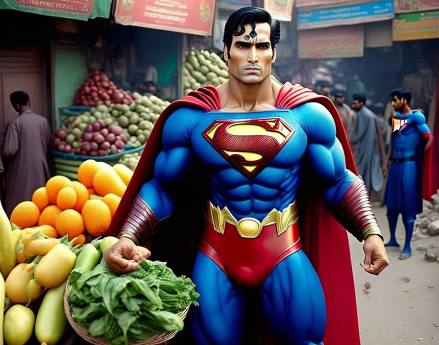 Superman in marketplace with fruits and vegetables