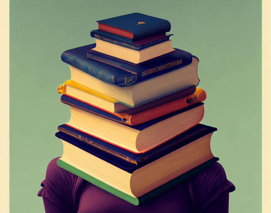 Person holding tall stack of hardcover books against plain background