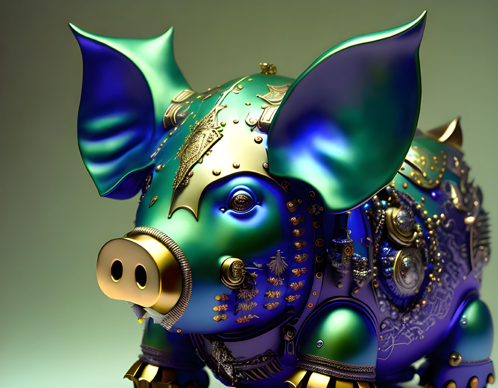 Intricate Gold and Blue Pig Sculpture with Mechanical Elements