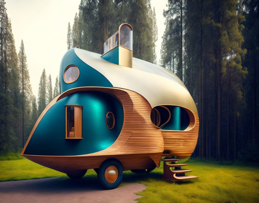 Retro-futuristic camper with wooden panels and rooftop deck in forest clearing