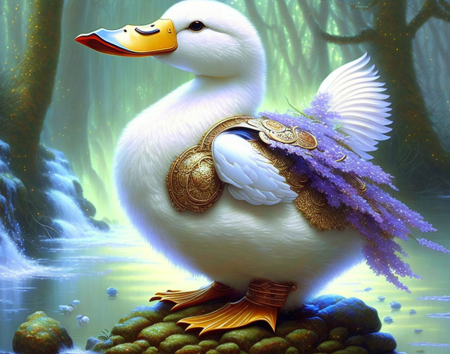 White Duck in Golden Armor on Lily Pad in Mystical Forest Pond