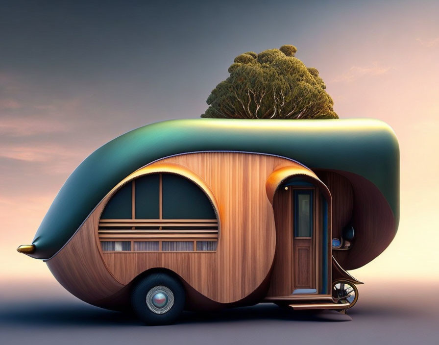 Teardrop-Shaped Camper with Wooden Paneling and Rooftop Tree