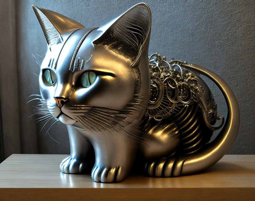 Metallic cat sculpture featuring organic and mechanical elements