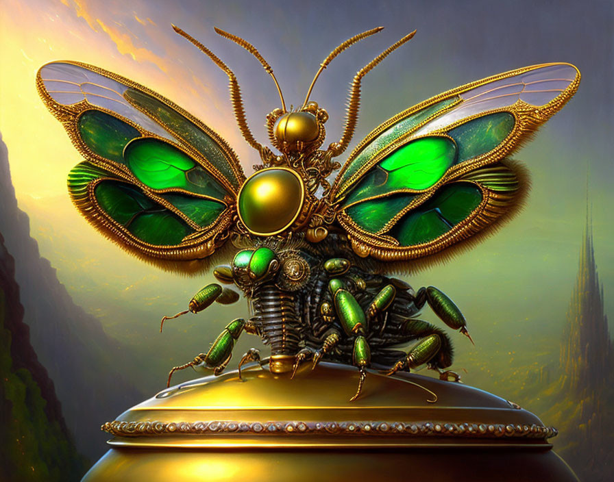 Metallic insect with ornate wings on spherical object in misty landscape