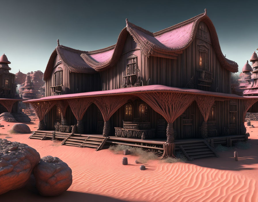 Digital artwork: Ornate wooden houses on sandy terrain under dusky sky