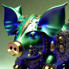 Intricate Gold and Blue Pig Sculpture with Mechanical Elements