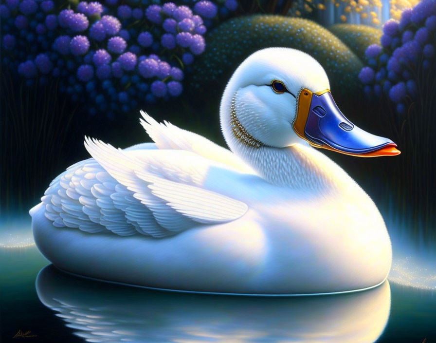 Tranquil white duck on water with purple flowers and greenery